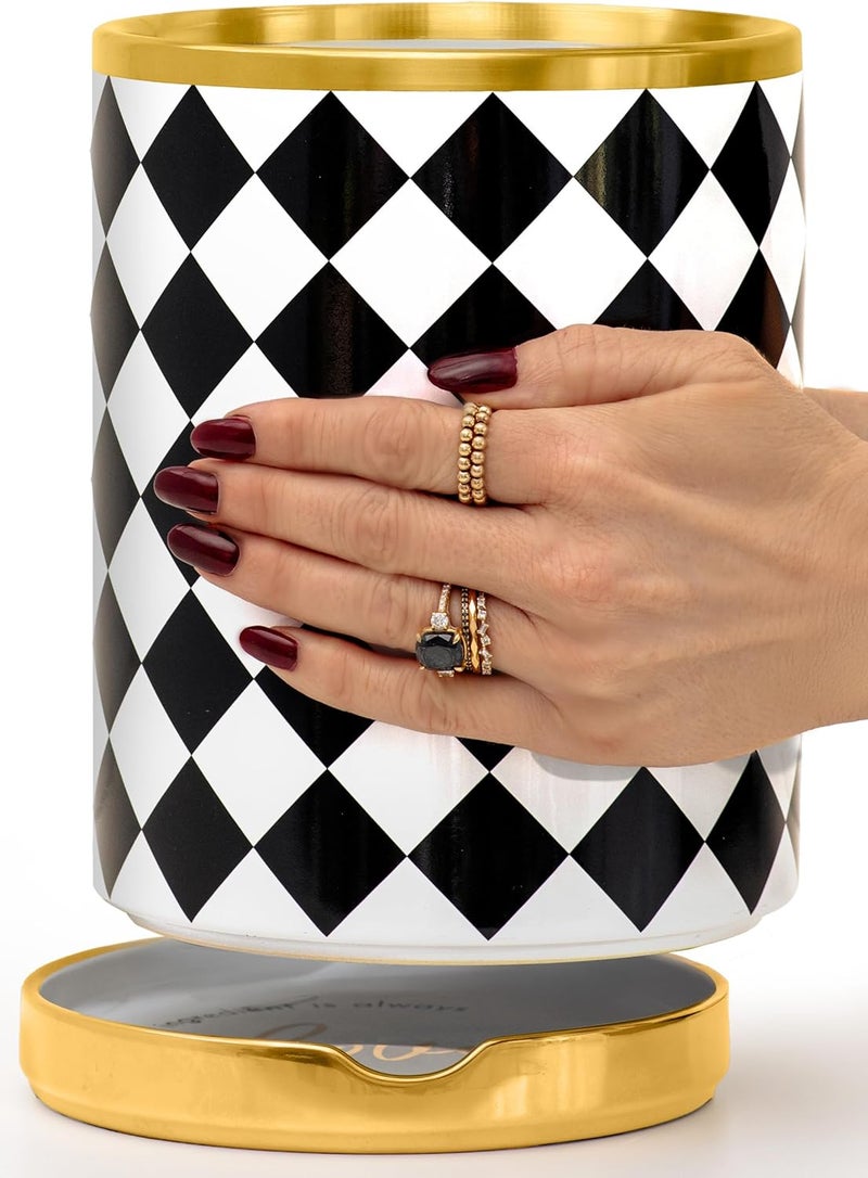 styled settings Black & White Checkered Utensil Holder Set – Large Ceramic Kitchen Utensil Holder for Countertop with Gold Spoon Rest – Stylish Checkered Kitchen Decor & Organizer - Image 1